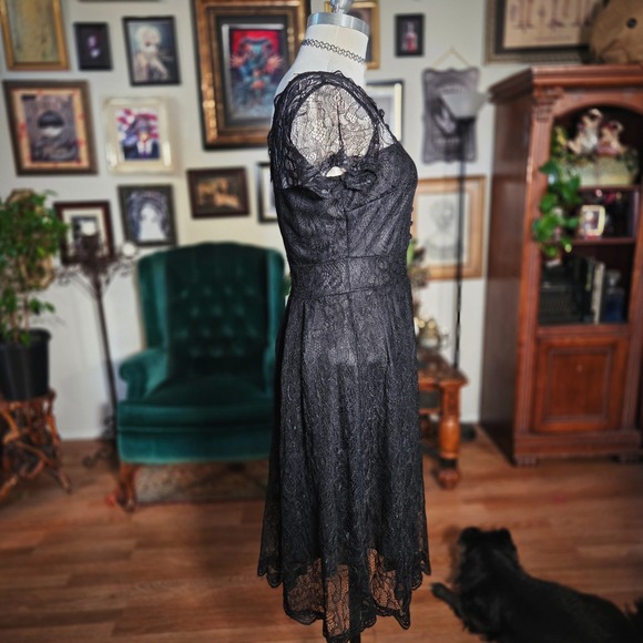 Black Lace Button Front Short Sleeve Midi Dress Goth Punk Alternative Size M - Picture 3 of 7